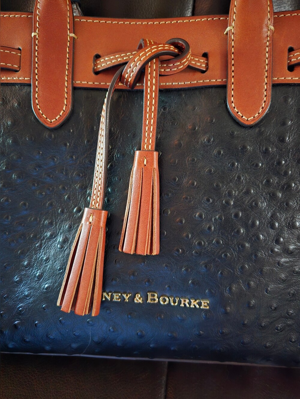 Dooney & Bourke Two-Tone Leather Ostrich Tote - Black and Tan - Picture 3 of 7